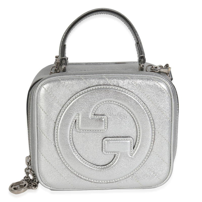 Gucci Silver Metallic Sakai Be Green Calfskin Diagonal Stitched Blondie Top Hand Handbag fv