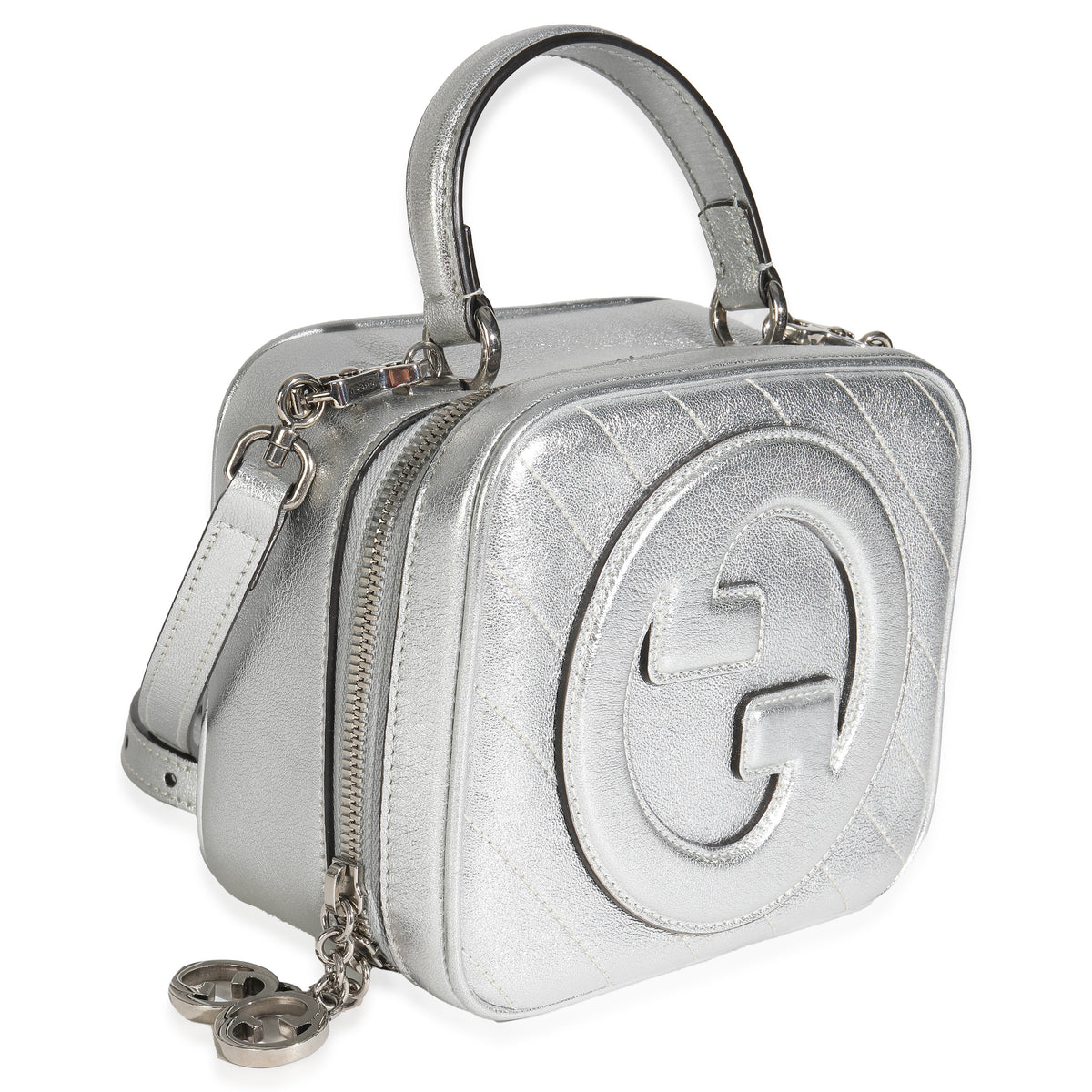Gucci Silver Metallic Sakai Be Green Calfskin Diagonal Stitched Blondie Top Hand Handbag pv