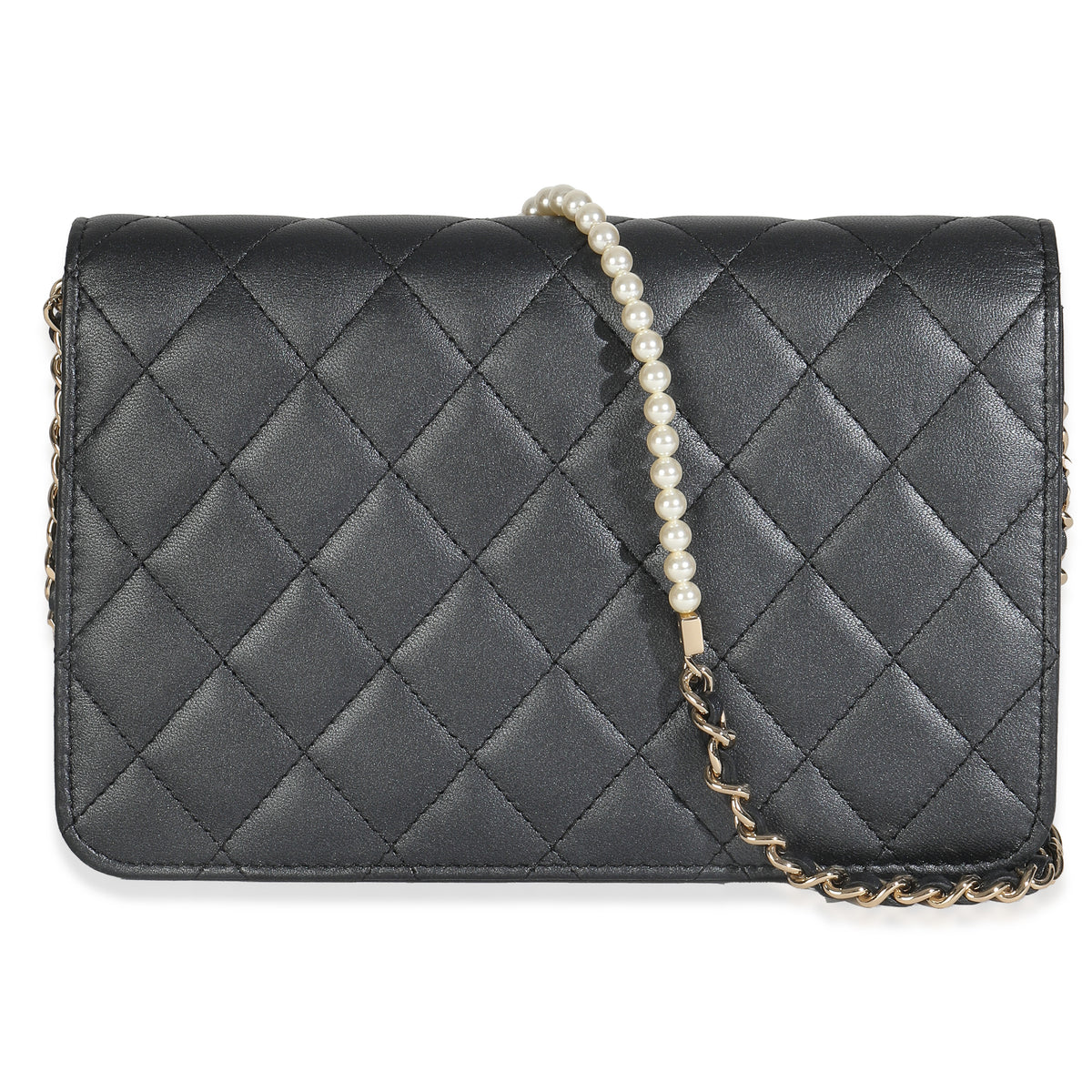 Dark Grey Iridescent Quilted Lambskin Pearl Wallet On Chain