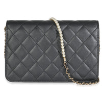 Dark Grey Iridescent Quilted Lambskin Pearl Wallet On Chain