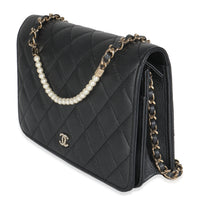 Dark Grey Iridescent Quilted Lambskin Pearl Wallet On Chain