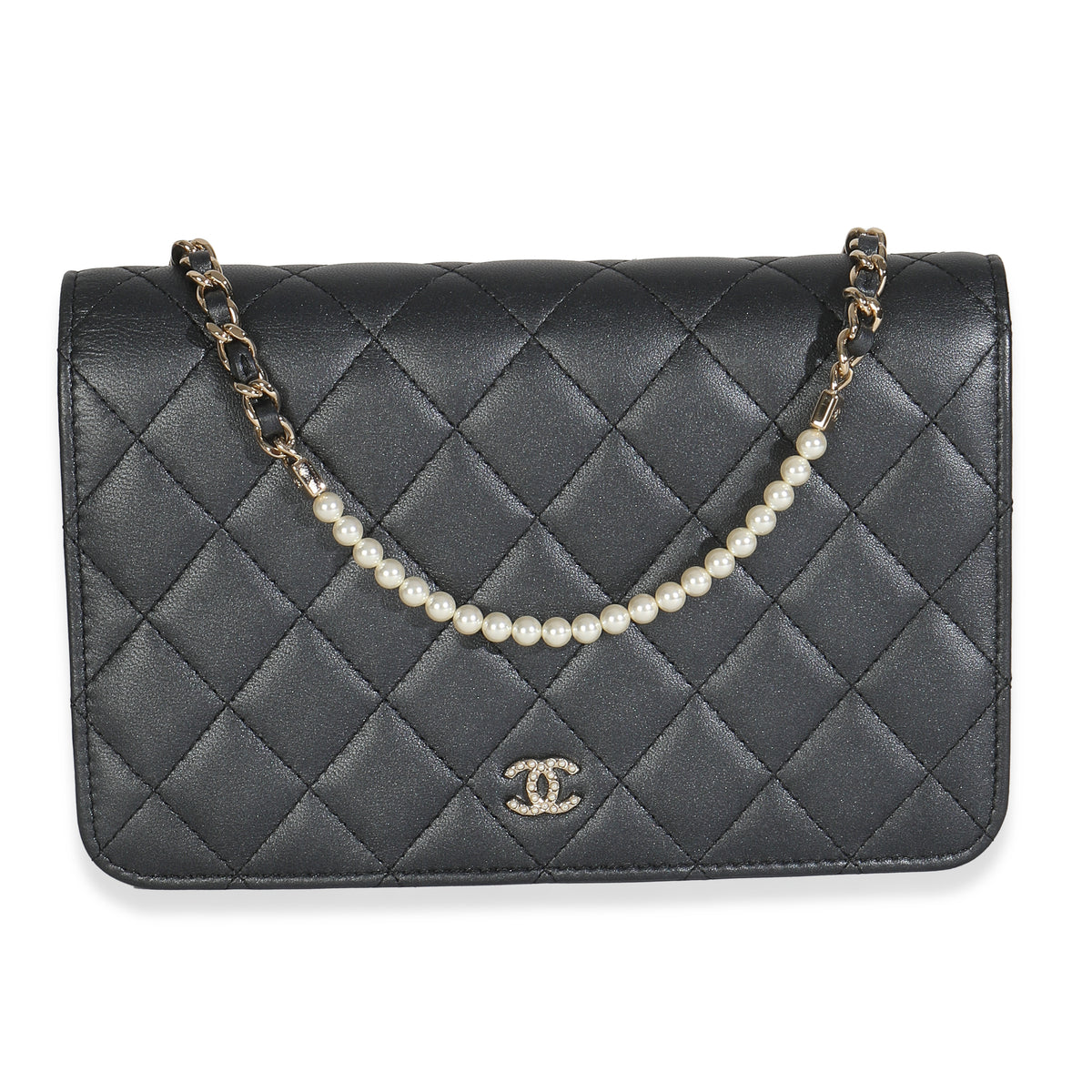Dark Grey Iridescent Quilted Lambskin Pearl Wallet On Chain