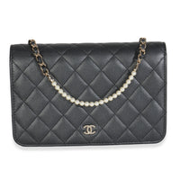 Dark Grey Iridescent Quilted Lambskin Pearl Wallet On Chain