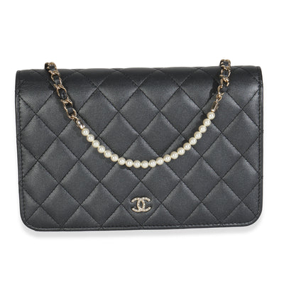 Dark Grey Iridescent Quilted Lambskin Pearl Wallet On Chain