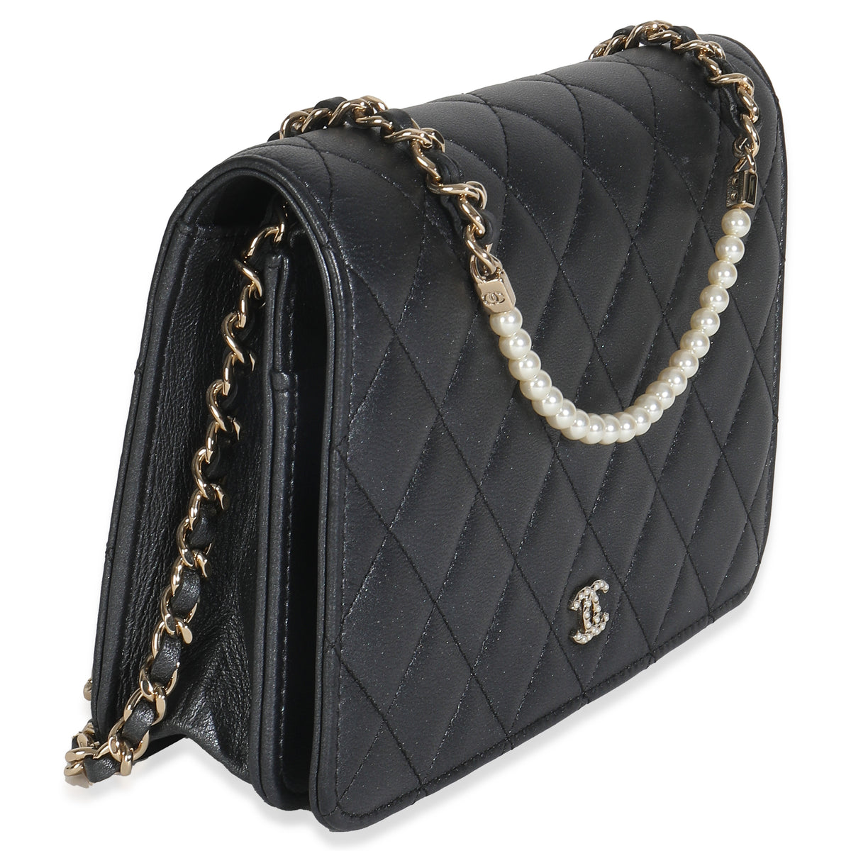 Dark Grey Iridescent Quilted Lambskin Pearl Wallet On Chain