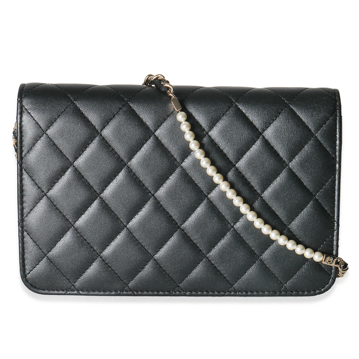 Dark Grey Iridescent Quilted Lambskin Pearl Wallet On Chain