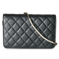 Dark Grey Iridescent Quilted Lambskin Pearl Wallet On Chain