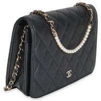 Dark Grey Iridescent Quilted Lambskin Pearl Wallet On Chain