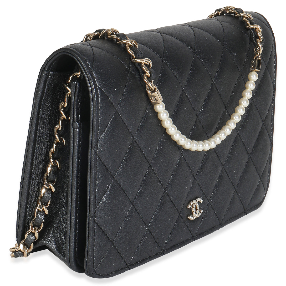 Dark Grey Iridescent Quilted Lambskin Pearl Wallet On Chain