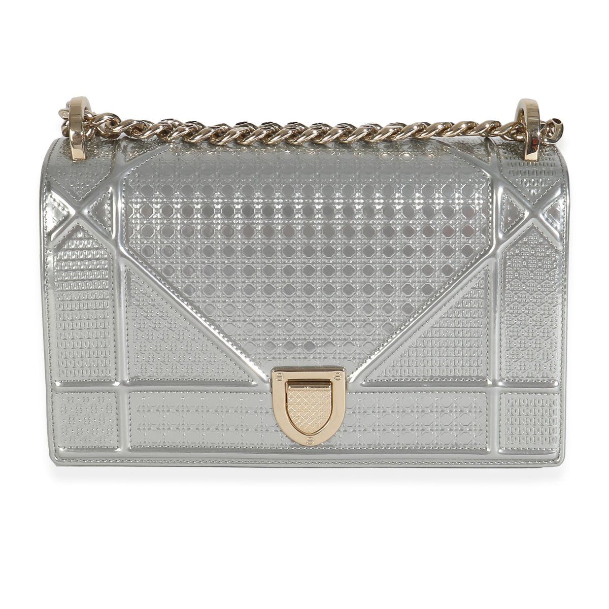 Silver Metallic Patent Micro-Cannage Small Diorama Flap Bag