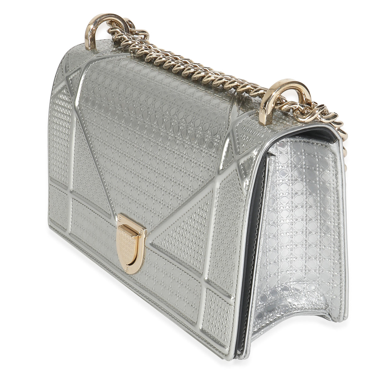 Silver Metallic Patent Micro-Cannage Small Diorama Flap Bag