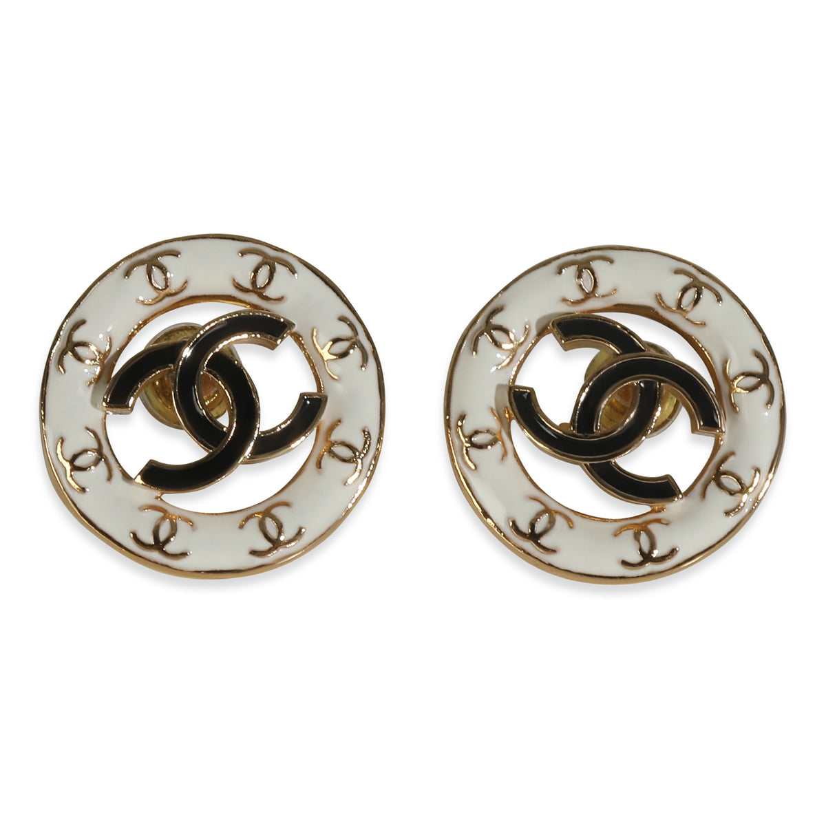 Gold-Plated  2024 White & Black Enamel CC Earrings