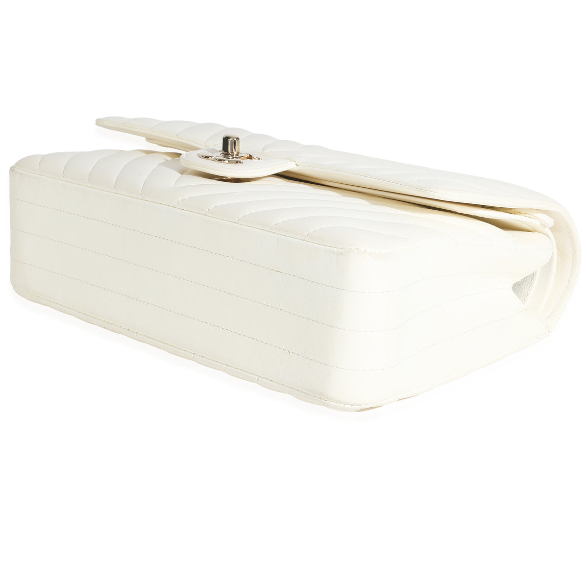 18C White Chevron Lambskin Medium Classic Double Flap Bag