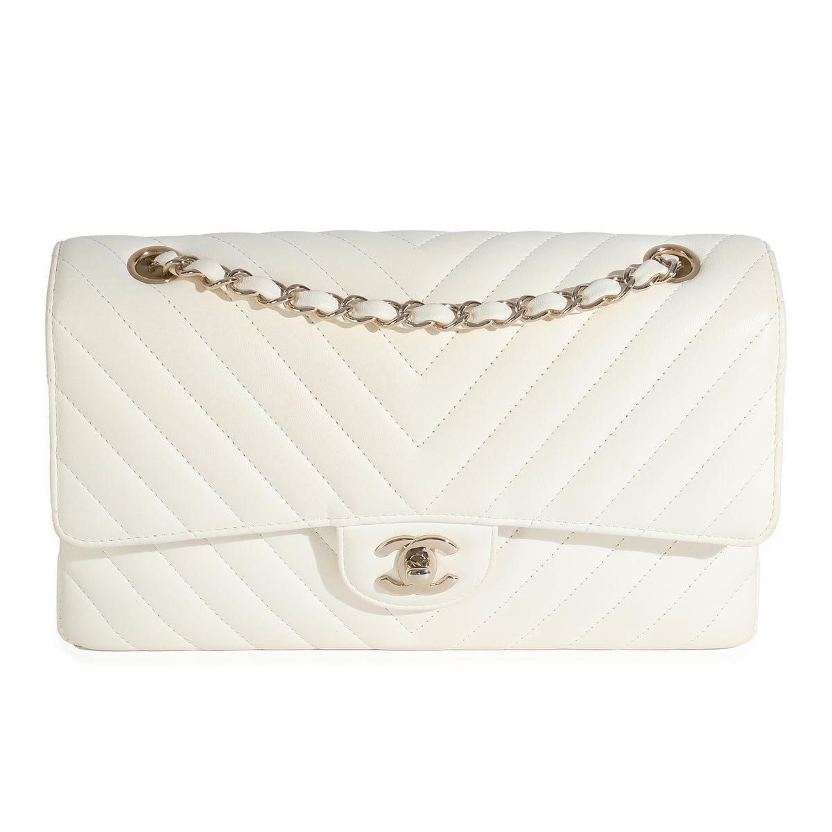 18C White Chevron Lambskin Medium Classic Double Flap Bag
