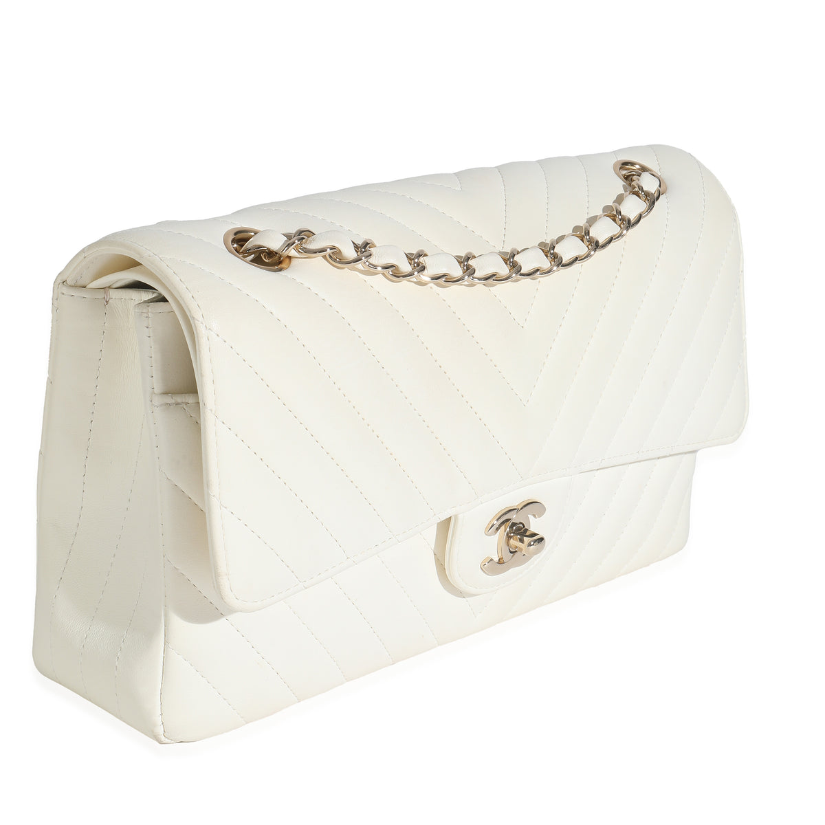 18C White Chevron Lambskin Medium Classic Double Flap Bag