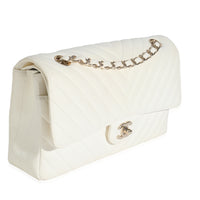 18C White Chevron Lambskin Medium Classic Double Flap Bag