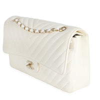 18C White Chevron Lambskin Medium Classic Double Flap Bag