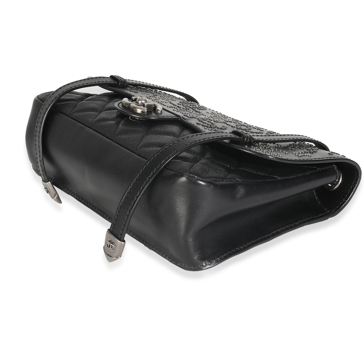 Black Paris Distressed Calfskin Dallas Studded Buckles Flap Bag