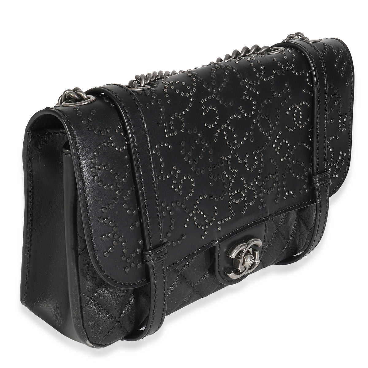Black Paris Distressed Calfskin Dallas Studded Buckles Flap Bag