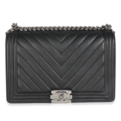 Chanel Black Calfskin Quilted Chevron New Medium Boy Bag Handbag fv