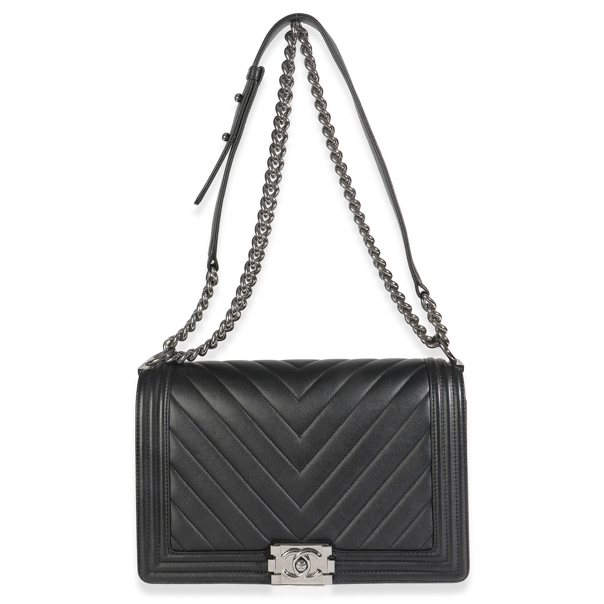 Chanel Black Calfskin Quilted Chevron New Medium Boy Bag Handbag av