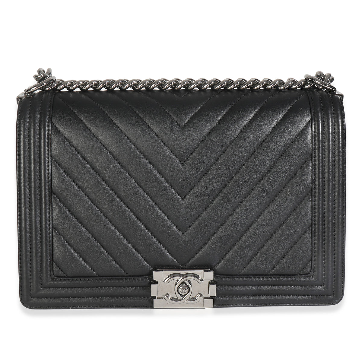 Chanel Black Calfskin Quilted Chevron New Medium Boy Bag Handbag fv