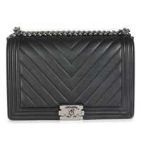 Chanel Black Calfskin Quilted Chevron New Medium Boy Bag Handbag fv