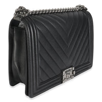 Chanel Black Calfskin Quilted Chevron New Medium Boy Bag Handbag pv