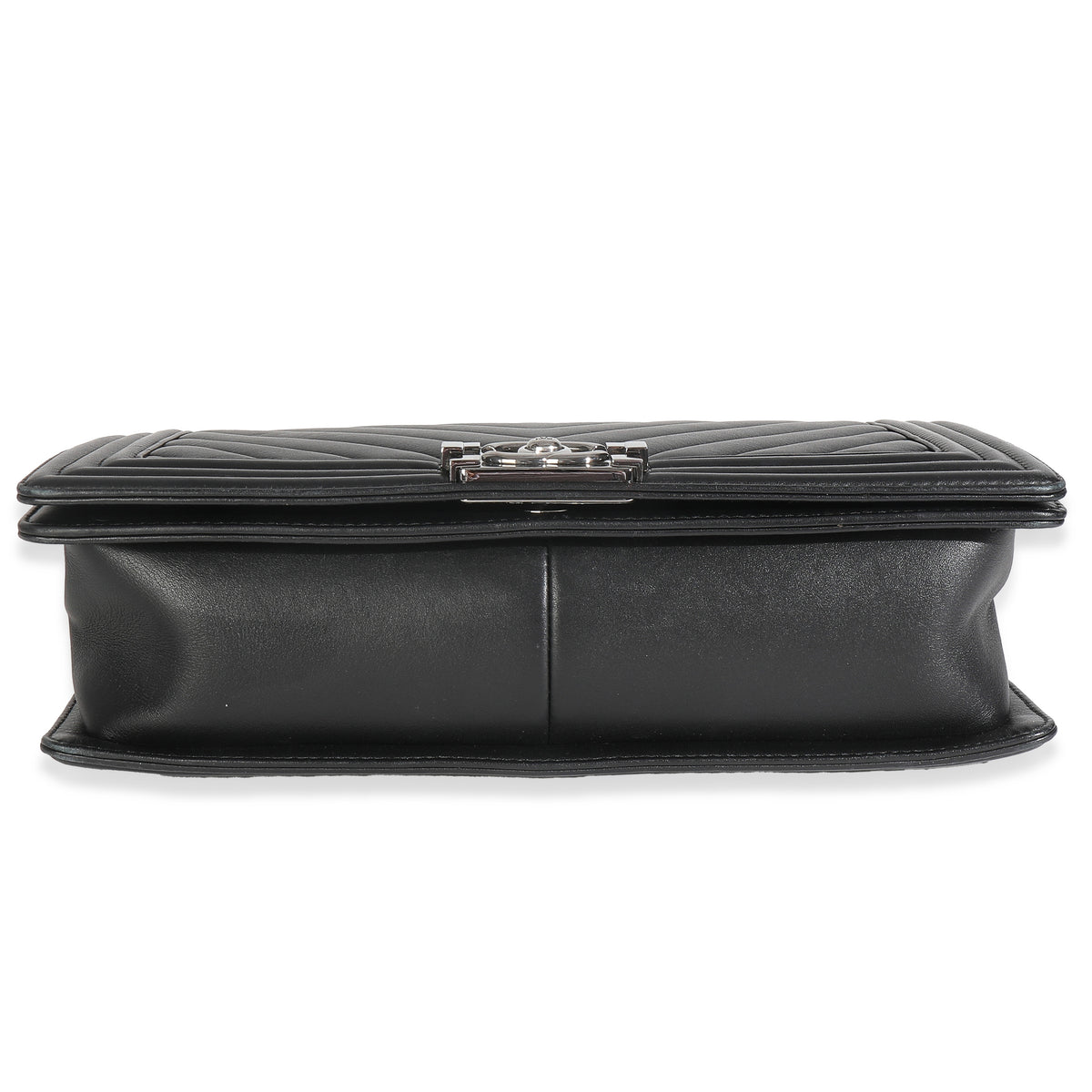 Chanel Black Calfskin Quilted Chevron New Medium Boy Bag Handbag stamp