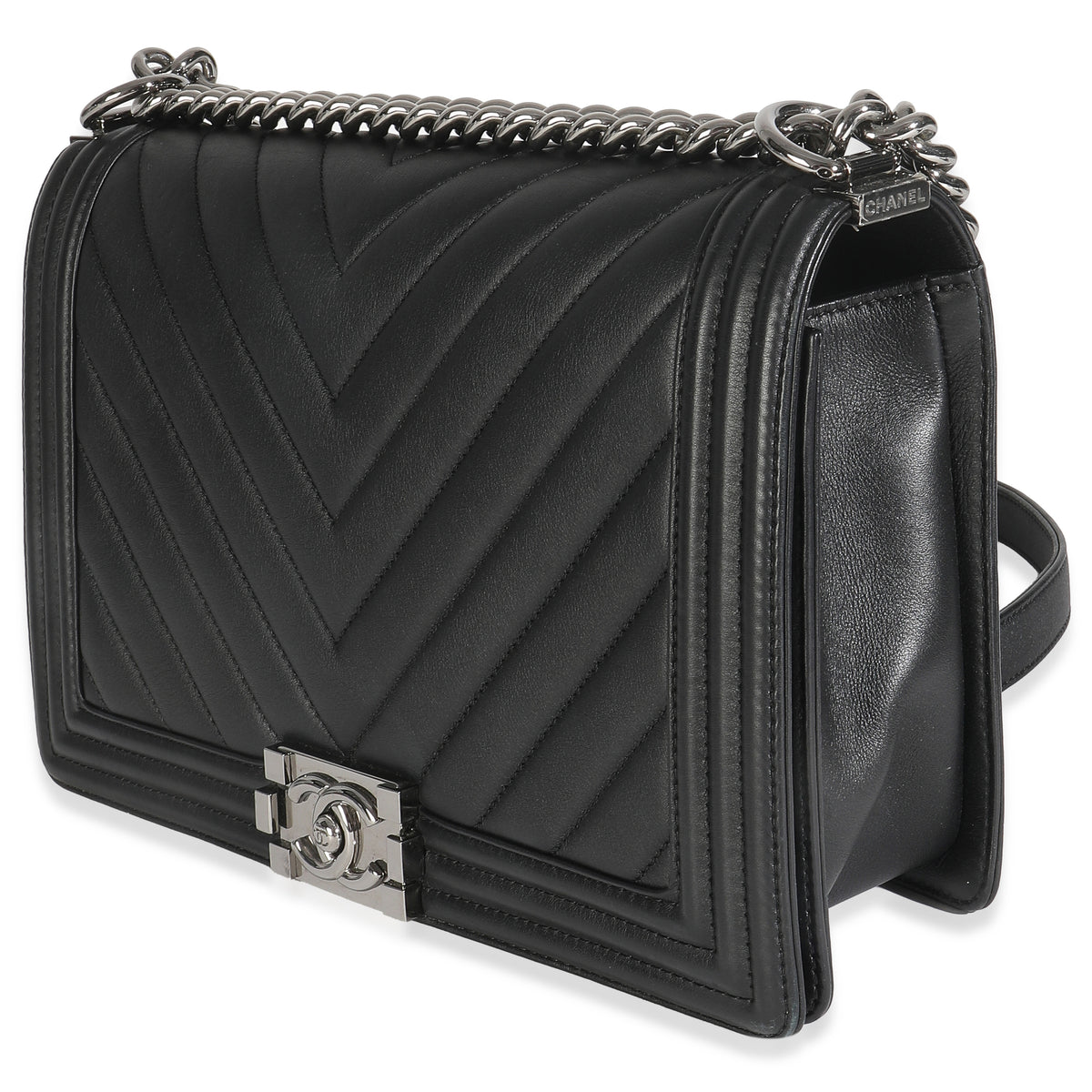 Chanel Black Calfskin Quilted Chevron New Medium Boy Bag Handbag sv