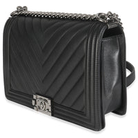 Chanel Black Calfskin Quilted Chevron New Medium Boy Bag Handbag sv