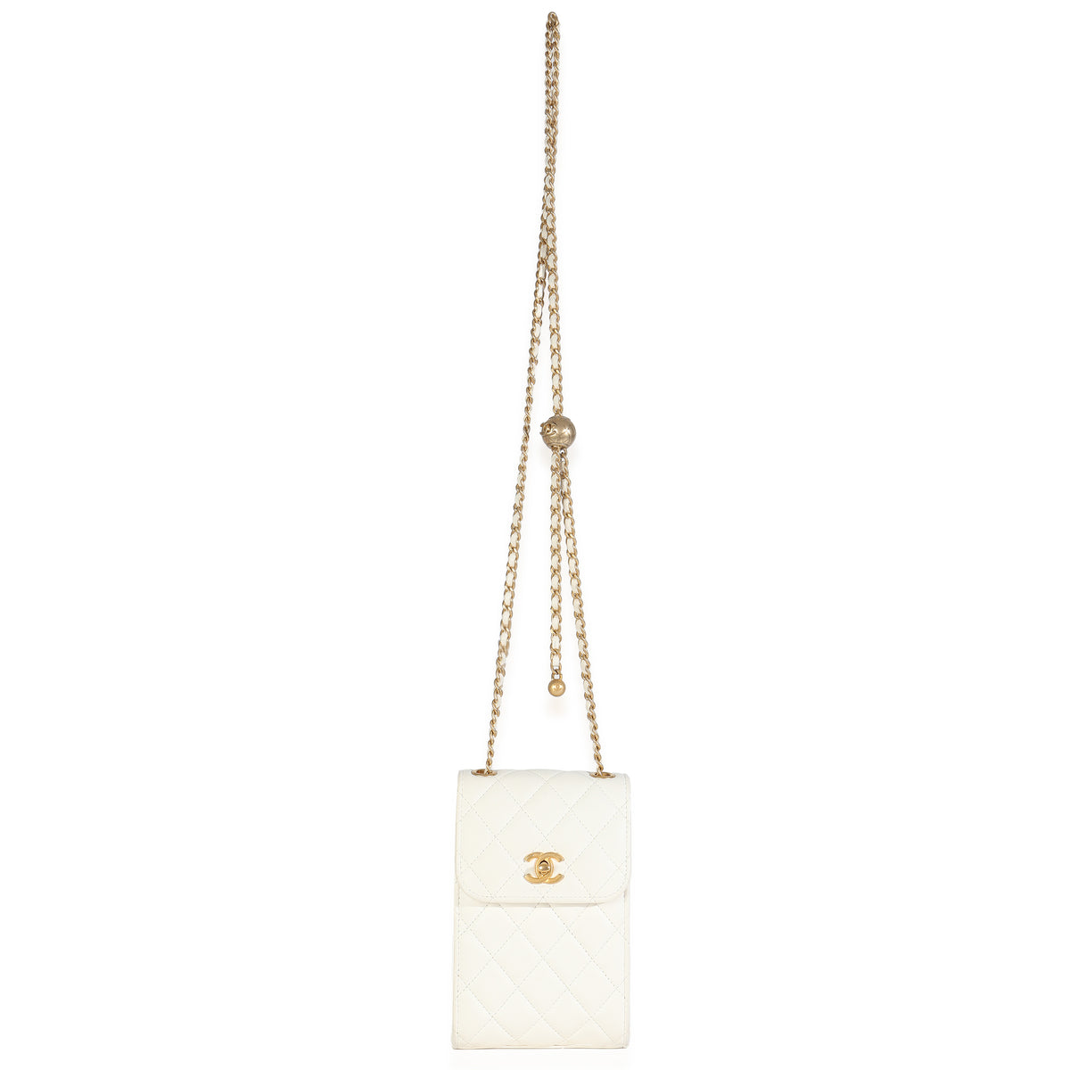 White Quilted Lambskin Pearl Crush Phone Holder With Chain