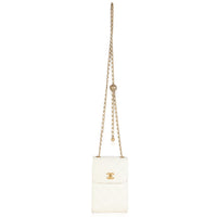 White Quilted Lambskin Pearl Crush Phone Holder With Chain