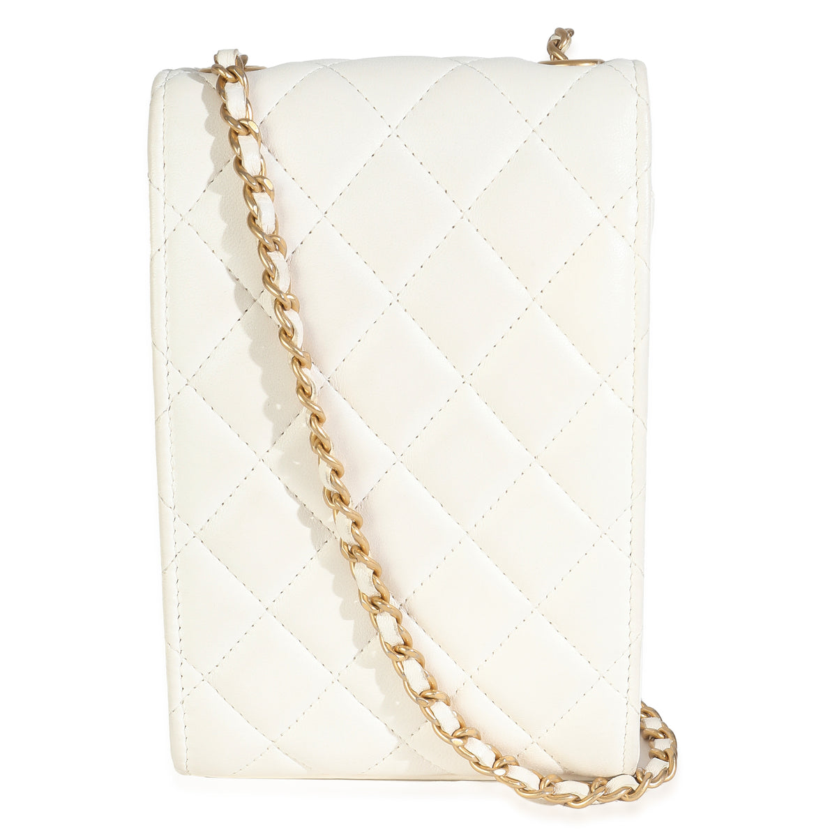 White Quilted Lambskin Pearl Crush Phone Holder With Chain