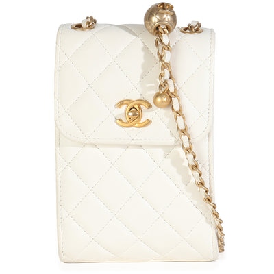 White Quilted Lambskin Pearl Crush Phone Holder With Chain