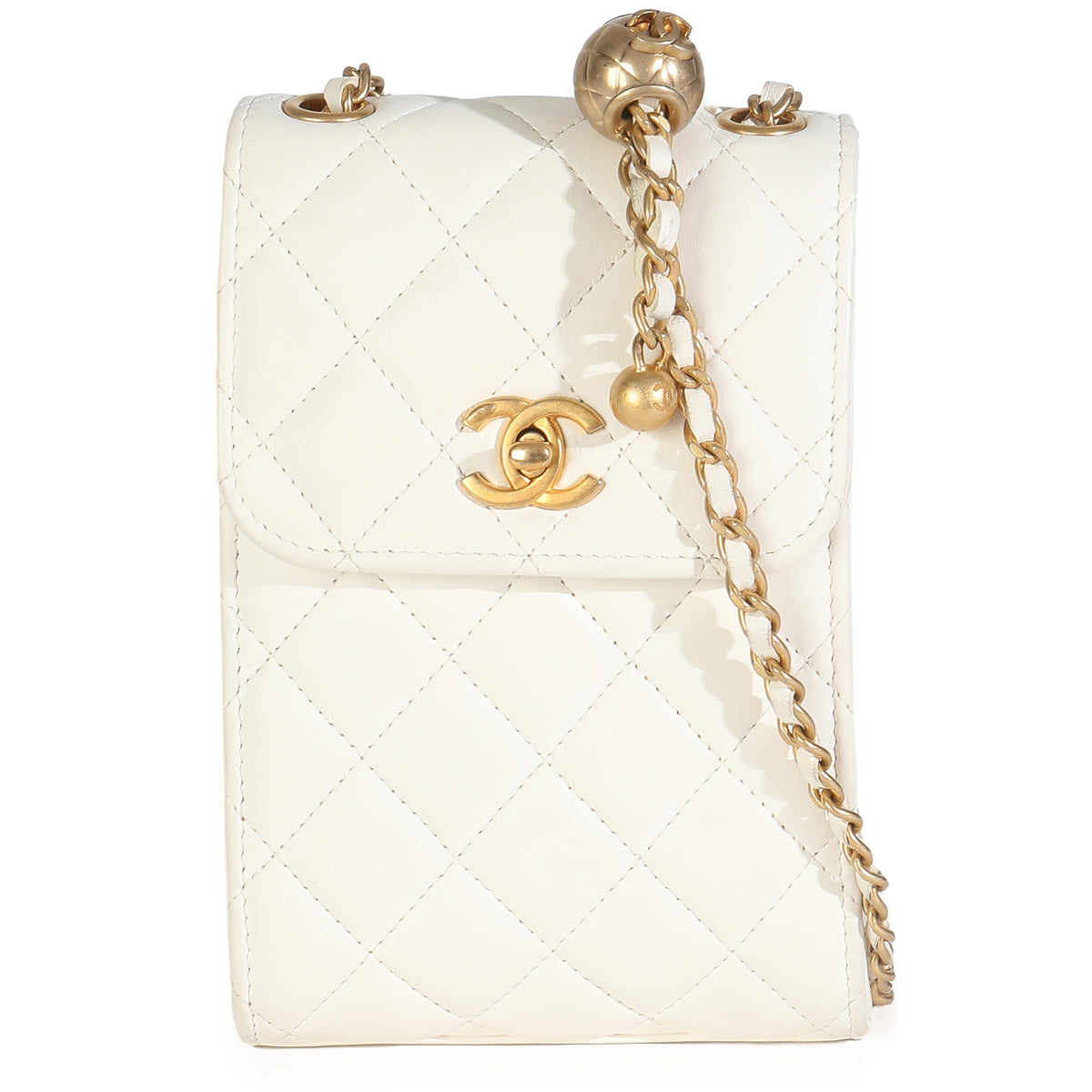 White Quilted Lambskin Pearl Crush Phone Holder With Chain