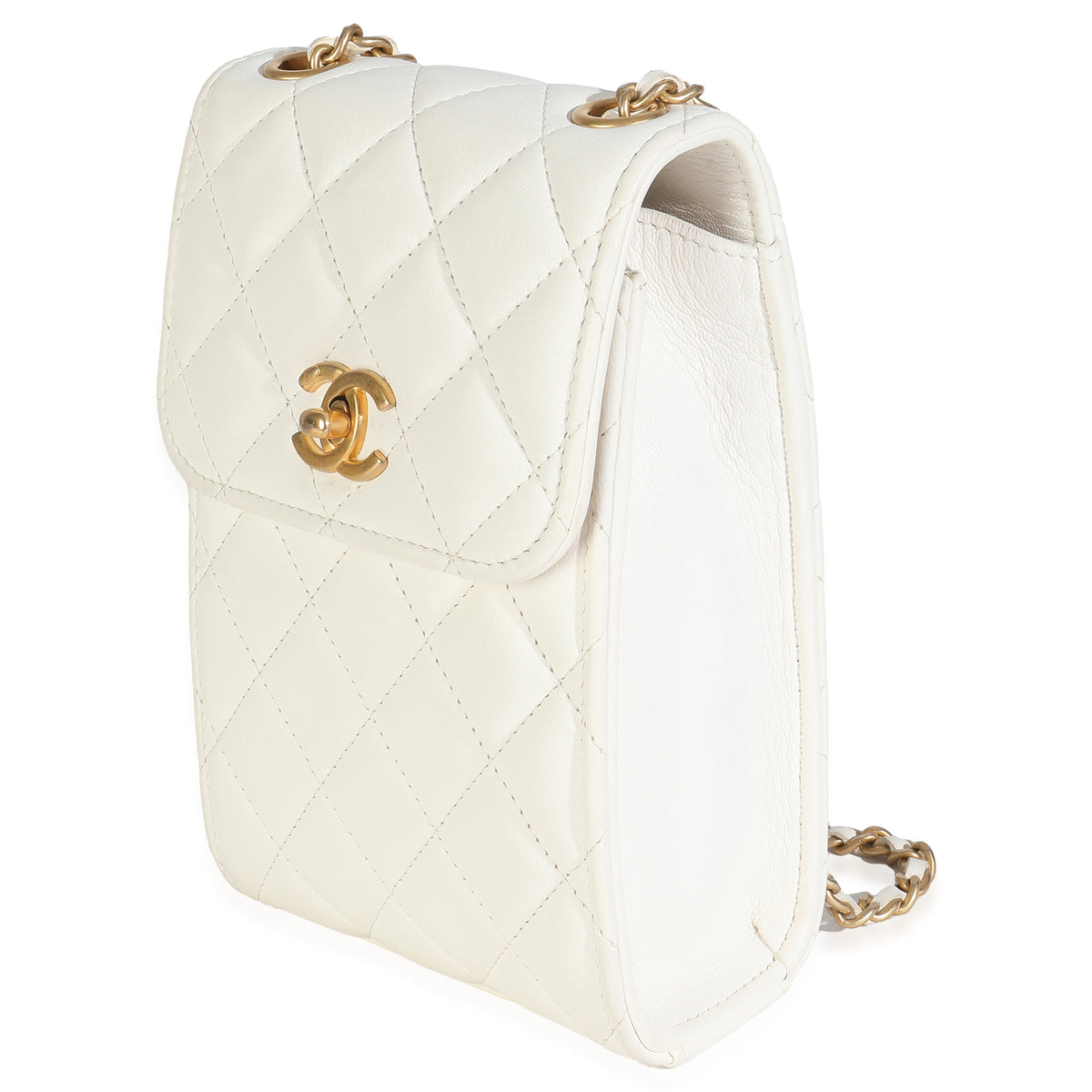 White Quilted Lambskin Pearl Crush Phone Holder With Chain