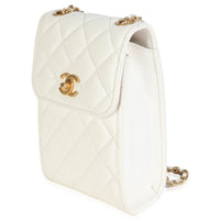 White Quilted Lambskin Pearl Crush Phone Holder With Chain