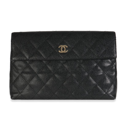 Vintage Black Quilted Caviar Large Clutch Handbag