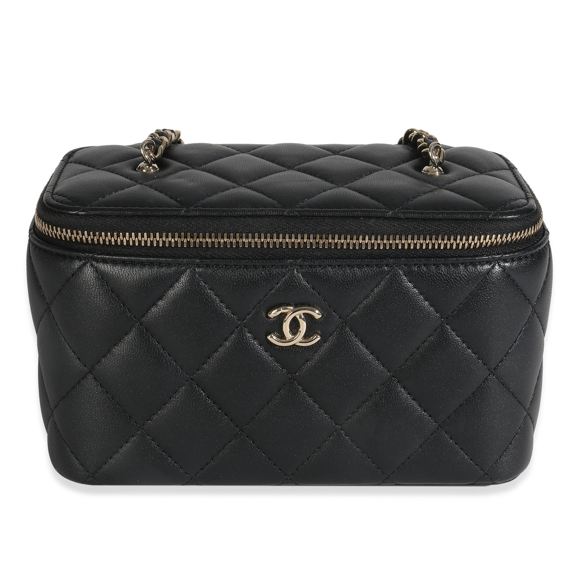 Black Quilted Lambskin Ball Crush Vanity Case With Chain