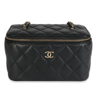 Black Quilted Lambskin Ball Crush Vanity Case With Chain