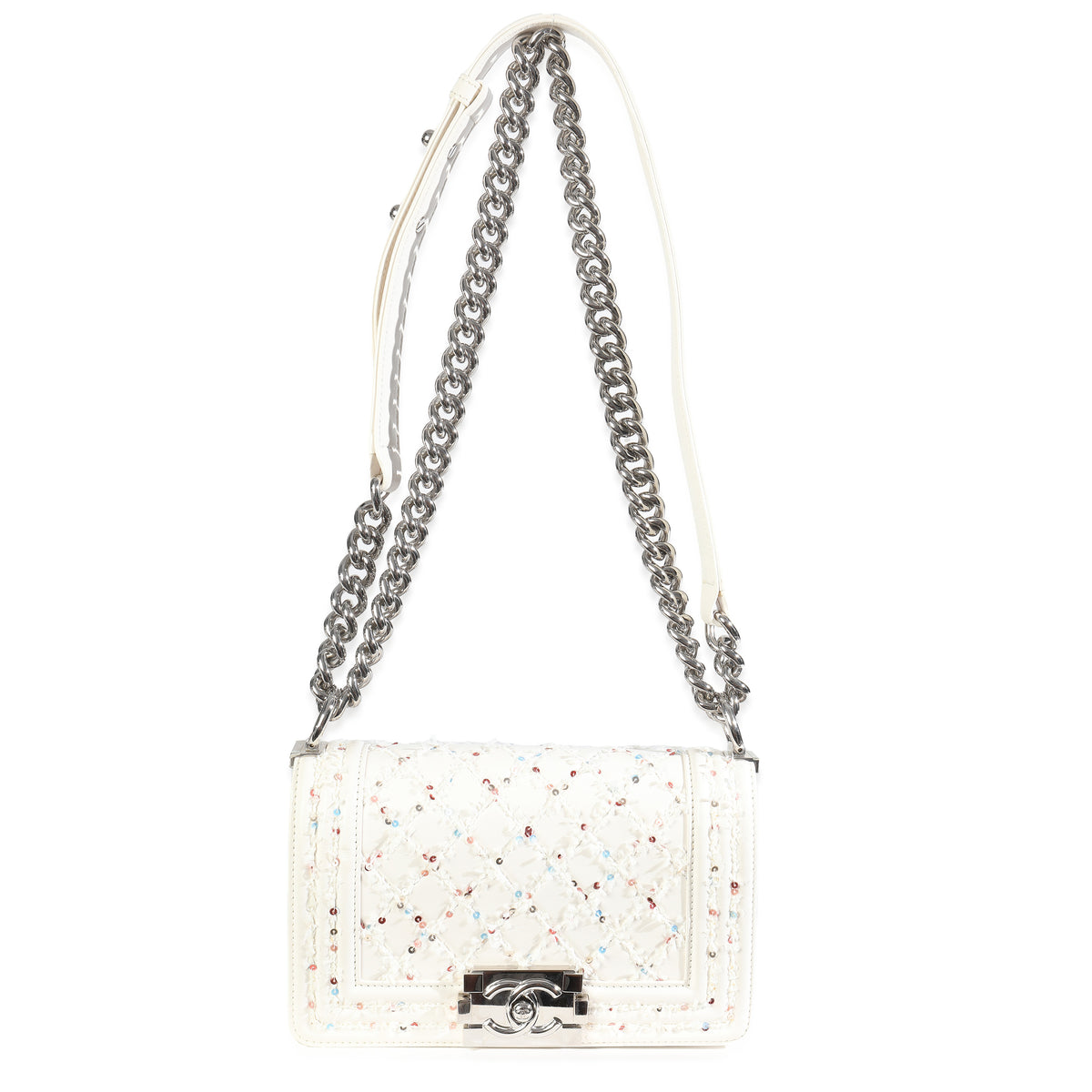 White Multicolor Lambskin Sequin Embroidered Small Boy Bag