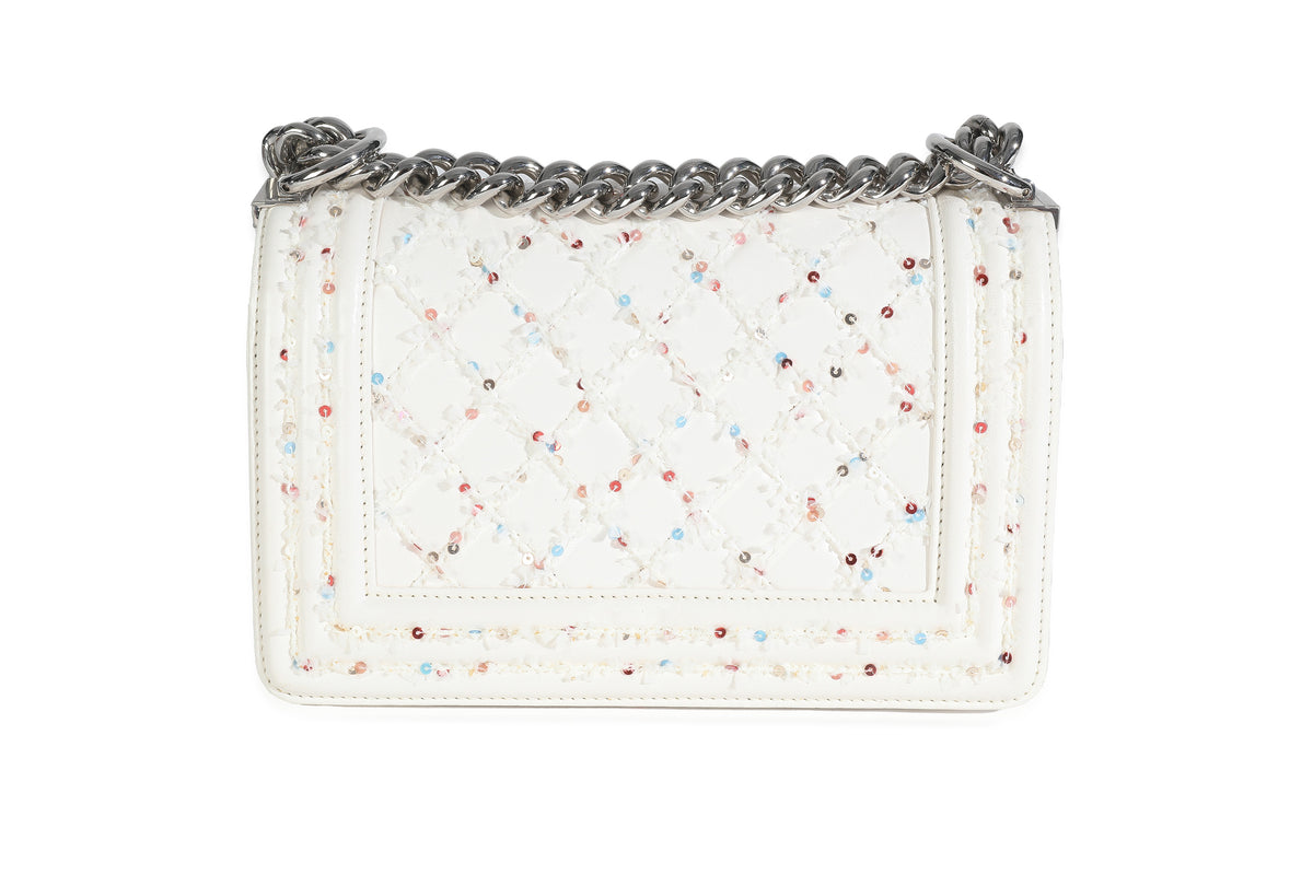 White Multicolor Lambskin Sequin Embroidered Small Boy Bag