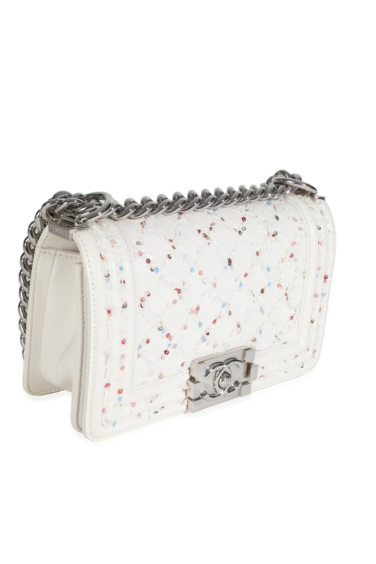 White Multicolor Lambskin Sequin Embroidered Small Boy Bag