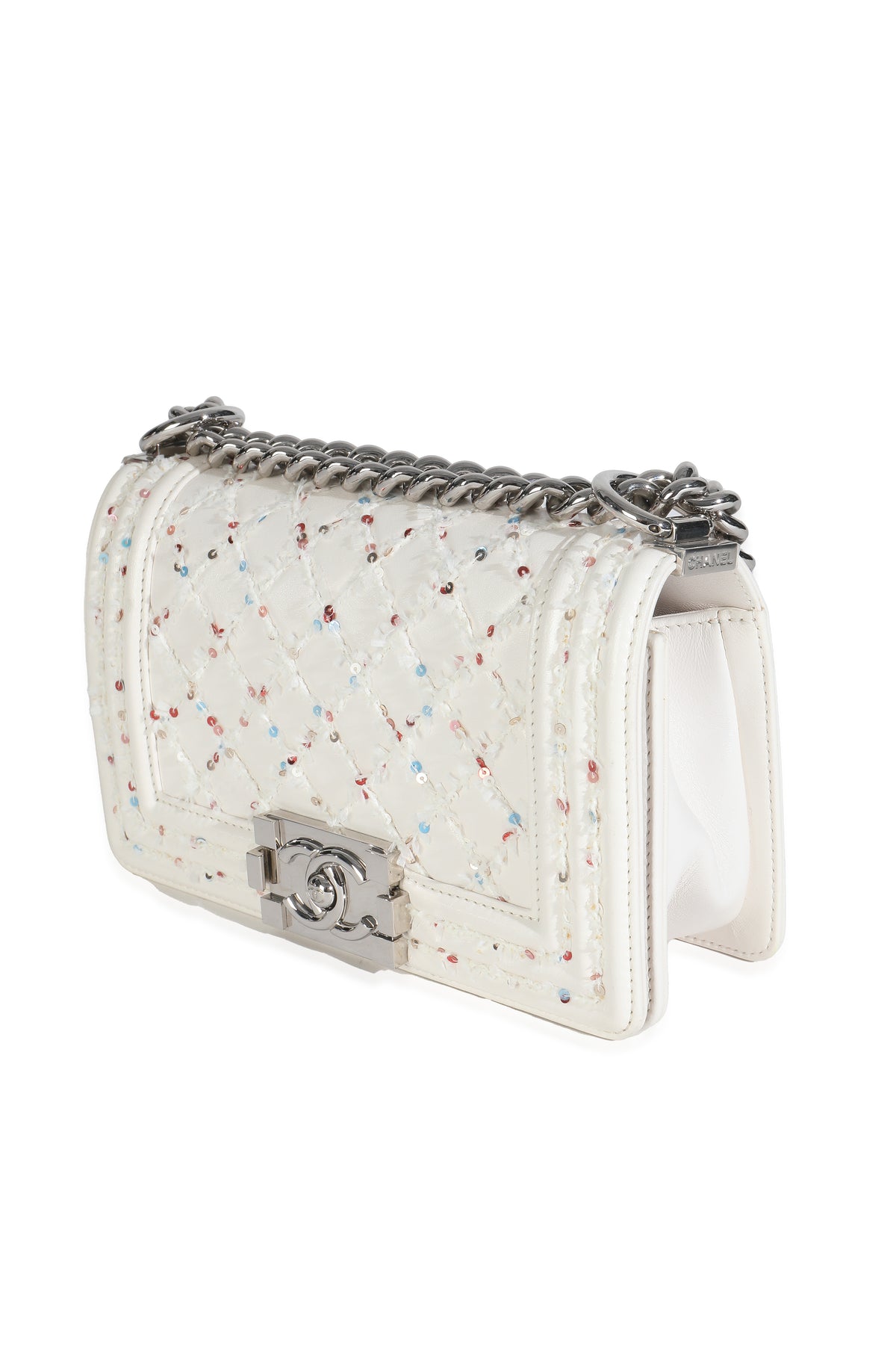 White Multicolor Lambskin Sequin Embroidered Small Boy Bag