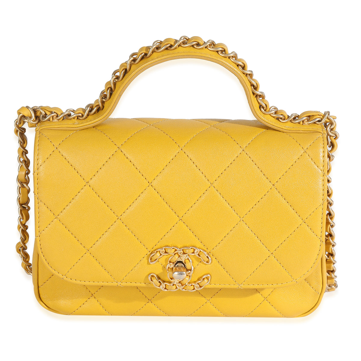 Yellow Quilted Lambskin Small Chain Infinity Top Handle Flap