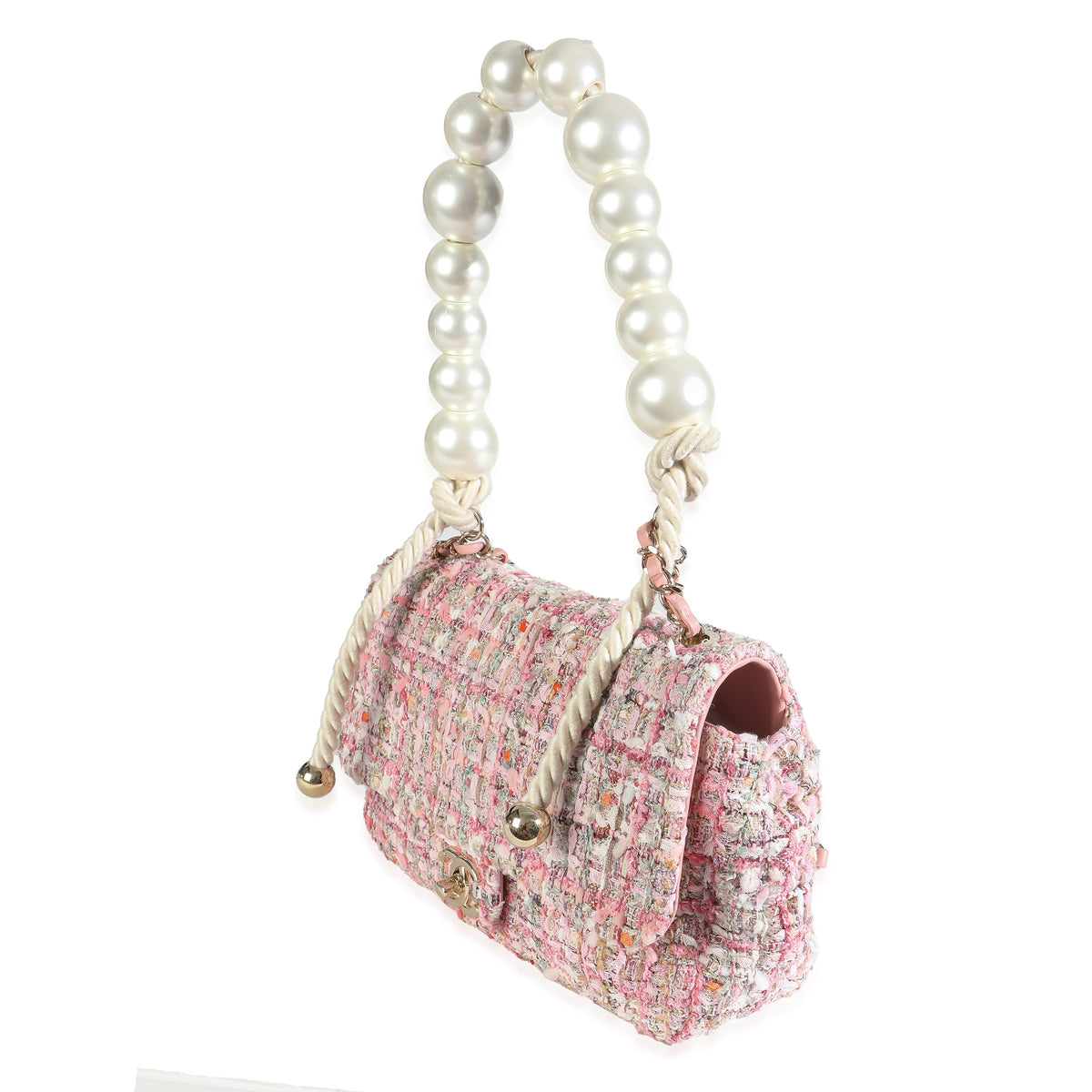 Pink Beige Orange Ecru Tweed Medium Pearl Handle Flap Bag