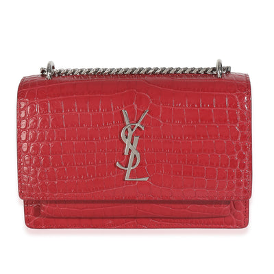 Saint Laurent Red Calfskin Crocodile Embossed Monogram Sunset Chain Wallet Handbag fv