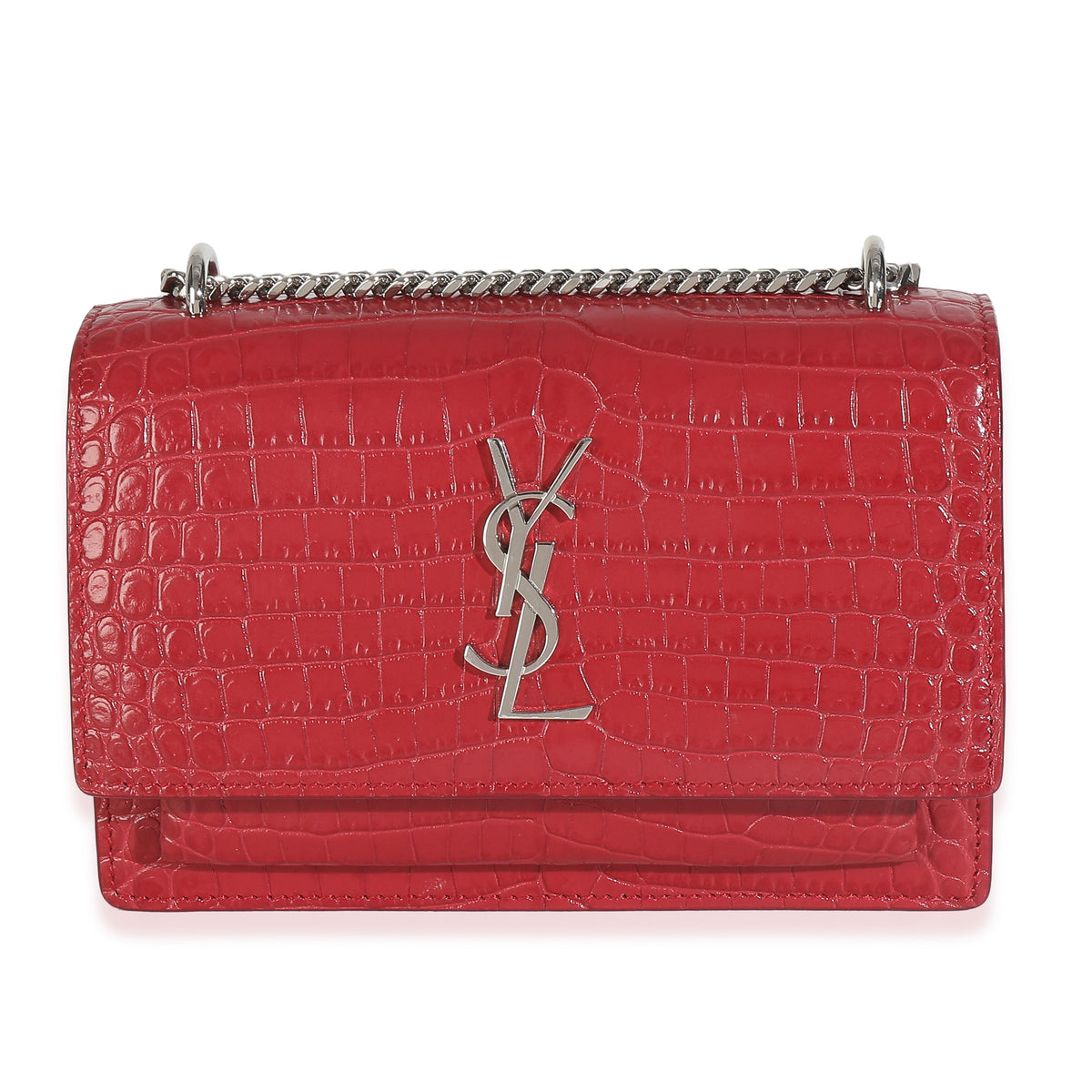 Saint Laurent Red Calfskin Crocodile Embossed Monogram Sunset Chain Wallet Handbag fv