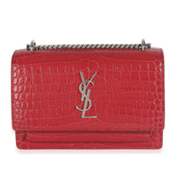 Saint Laurent Red Calfskin Crocodile Embossed Monogram Sunset Chain Wallet Handbag fv